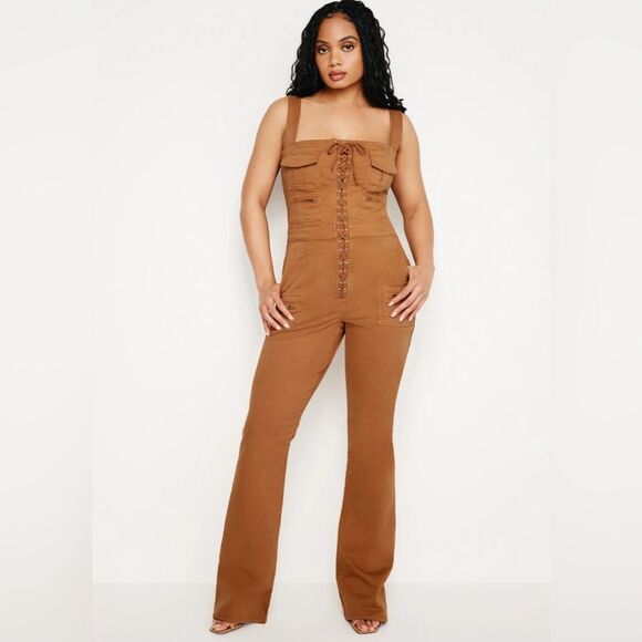 Good American Pants - Good American‎ NEW Jumpsuit Womens Medium Brown Lace Up Utility Twill Cargo